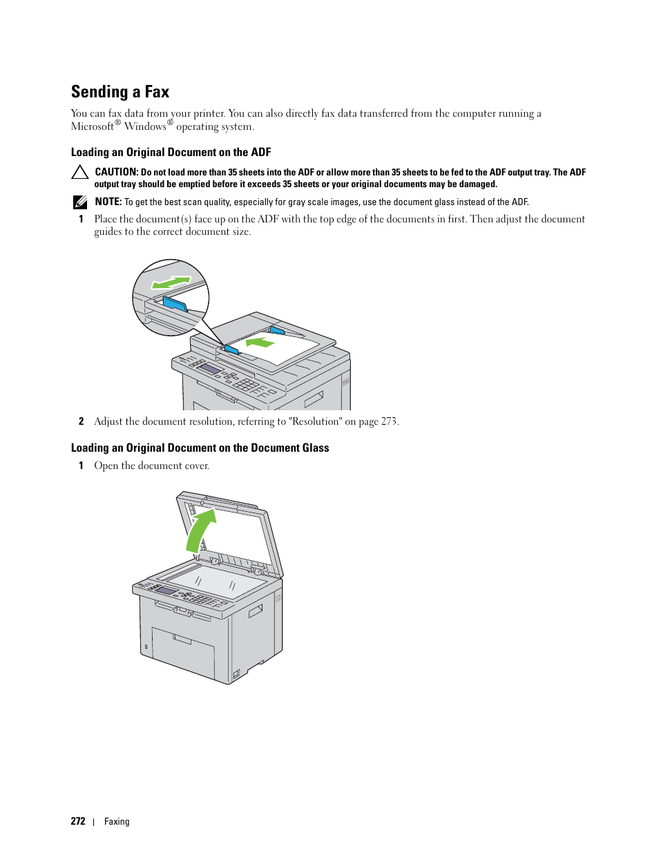 Sending a fax, Loading an original document on the adf, Loading an original document on the document glass | Dell C1765NF MFP Laser Printer User Manual | Page 274 / 376