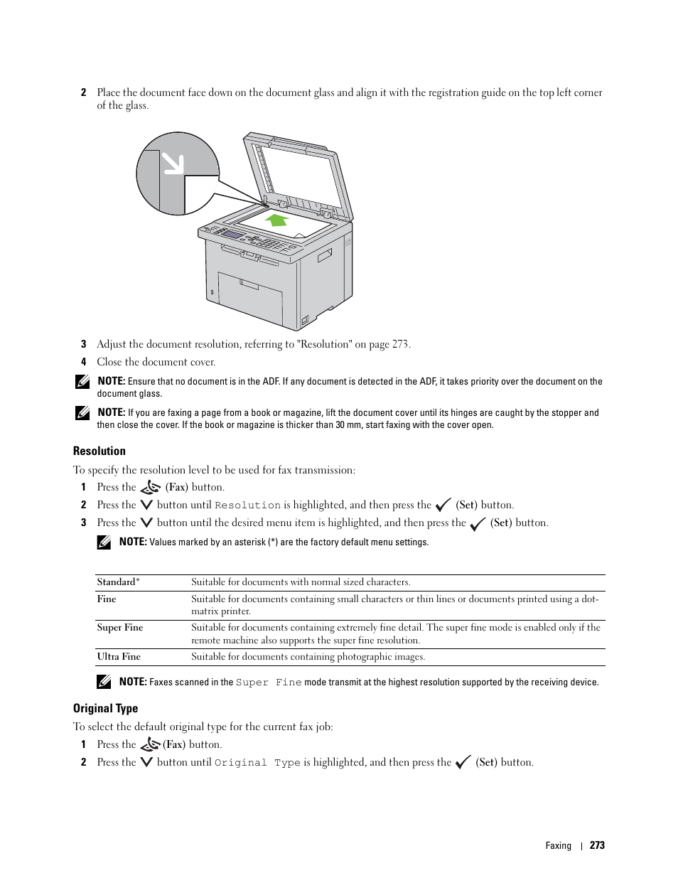Resolution, Original type | Dell C1765NF MFP Laser Printer User Manual | Page 275 / 376