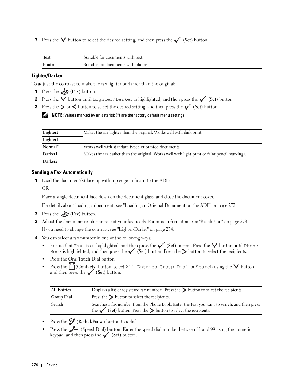 Lighter/darker, Sending a fax automatically | Dell C1765NF MFP Laser Printer User Manual | Page 276 / 376