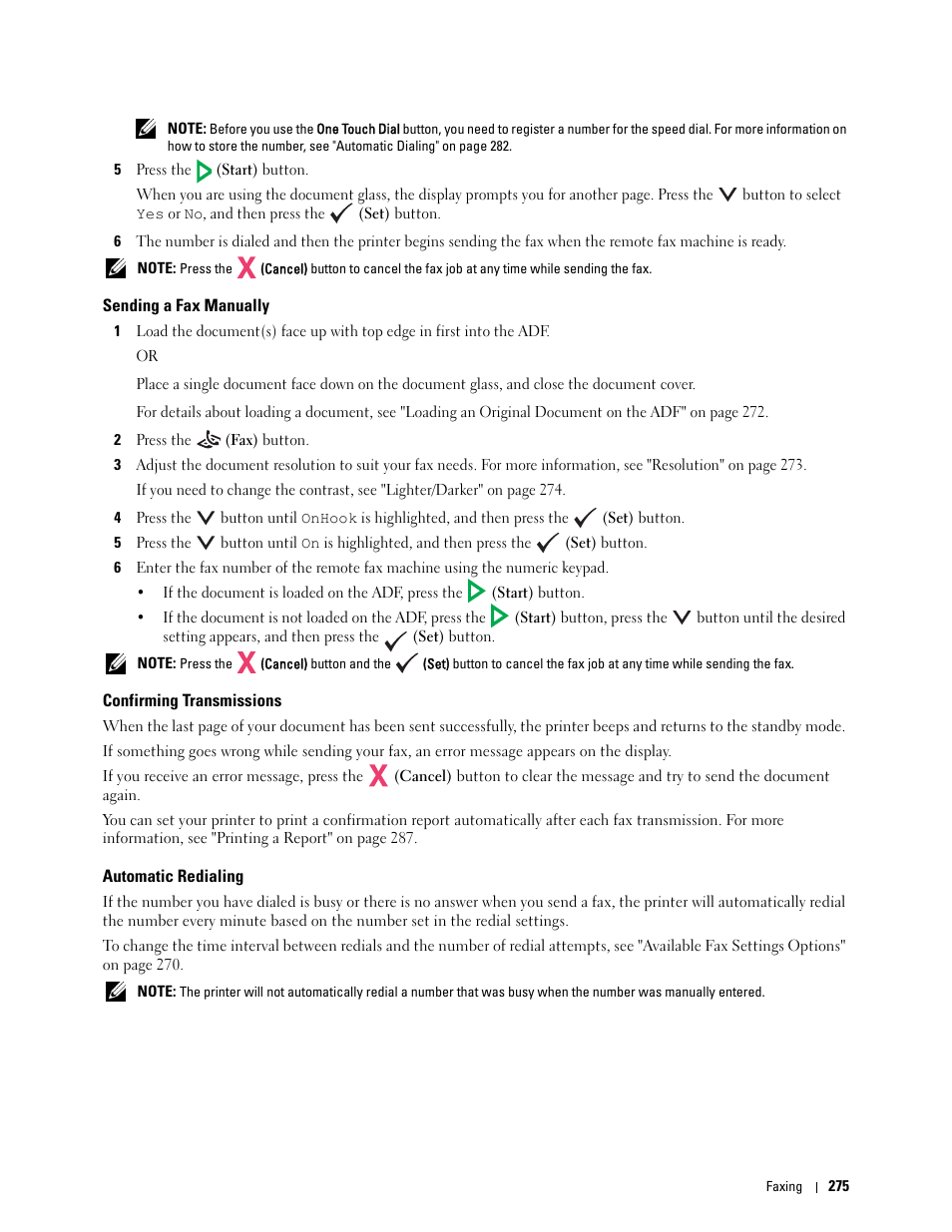 Sending a fax manually, Confirming transmissions, Automatic redialing | Dell C1765NF MFP Laser Printer User Manual | Page 277 / 376