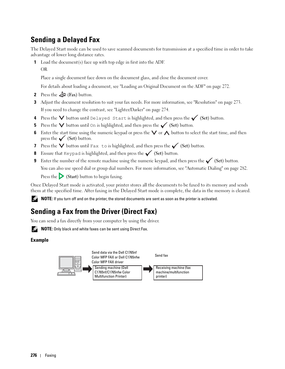 Sending a delayed fax, Sending a fax from the driver (direct fax), Example | Dell C1765NF MFP Laser Printer User Manual | Page 278 / 376