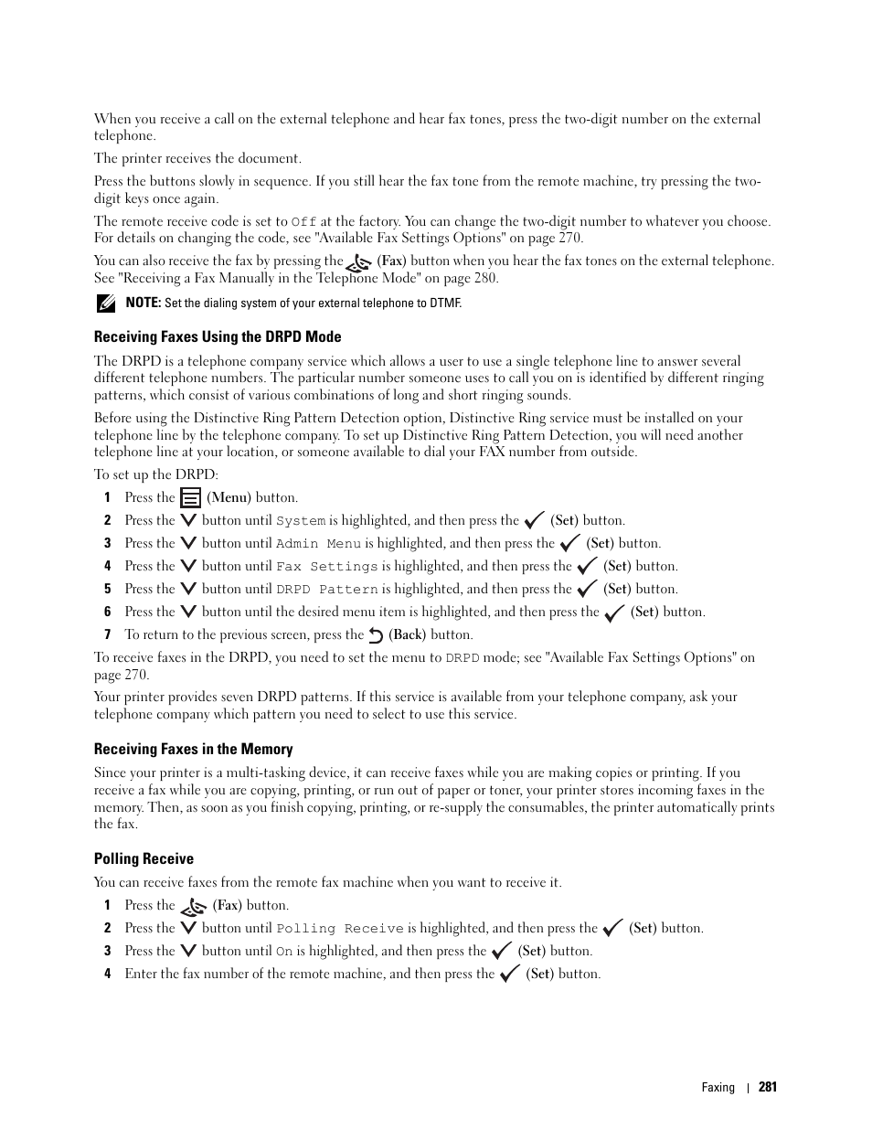 Receiving faxes using the drpd mode, Receiving faxes in the memory, Polling receive | Dell C1765NF MFP Laser Printer User Manual | Page 283 / 376
