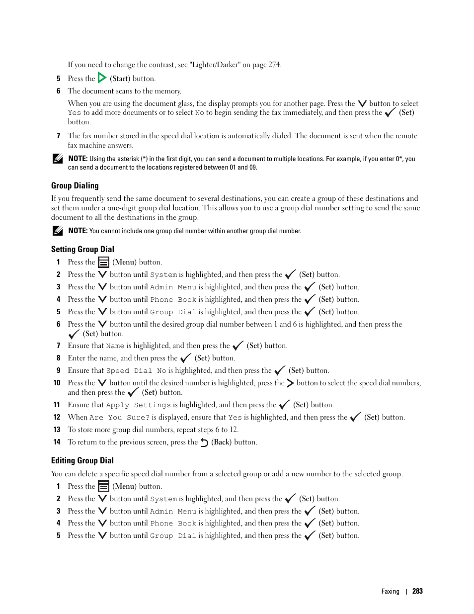 Group dialing, Setting group dial, Editing group dial | Dell C1765NF MFP Laser Printer User Manual | Page 285 / 376