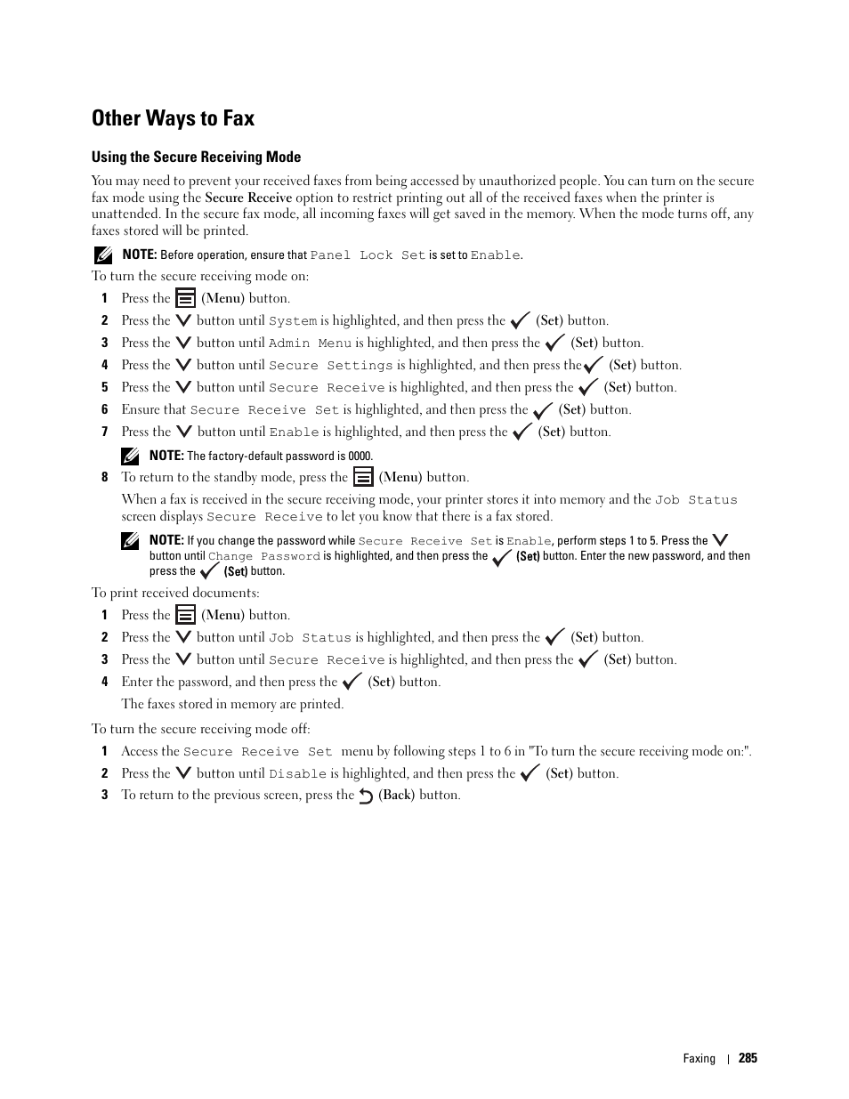 Other ways to fax, Using the secure receiving mode | Dell C1765NF MFP Laser Printer User Manual | Page 287 / 376