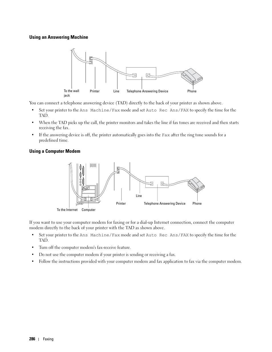 Using an answering machine, Using a computer modem | Dell C1765NF MFP Laser Printer User Manual | Page 288 / 376