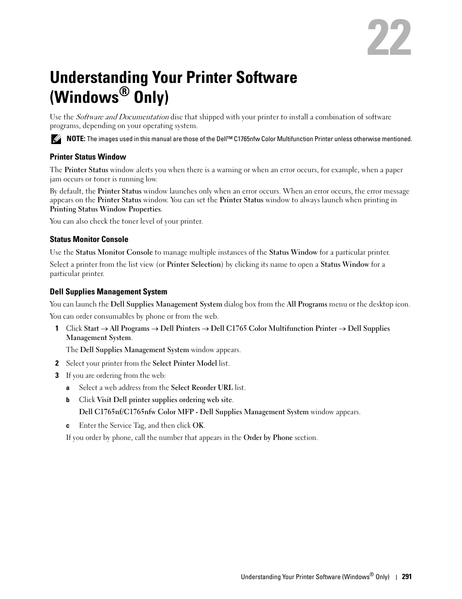 Printer status window, Status monitor console, Dell supplies management system | Understanding your printer software, Windows, Only), 22 understanding your printer software (windows, Understanding your printer software (windows | Dell C1765NF MFP Laser Printer User Manual | Page 293 / 376
