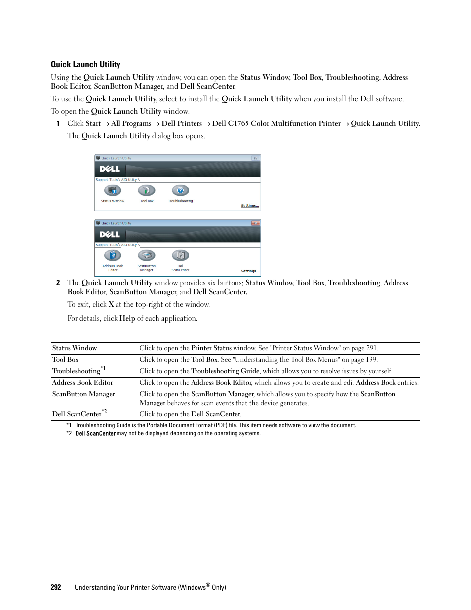 Quick launch utility | Dell C1765NF MFP Laser Printer User Manual | Page 294 / 376