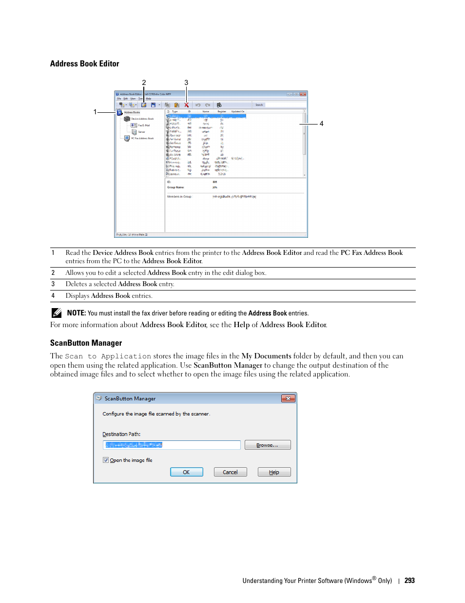 Address book editor, Scanbutton manager | Dell C1765NF MFP Laser Printer User Manual | Page 295 / 376