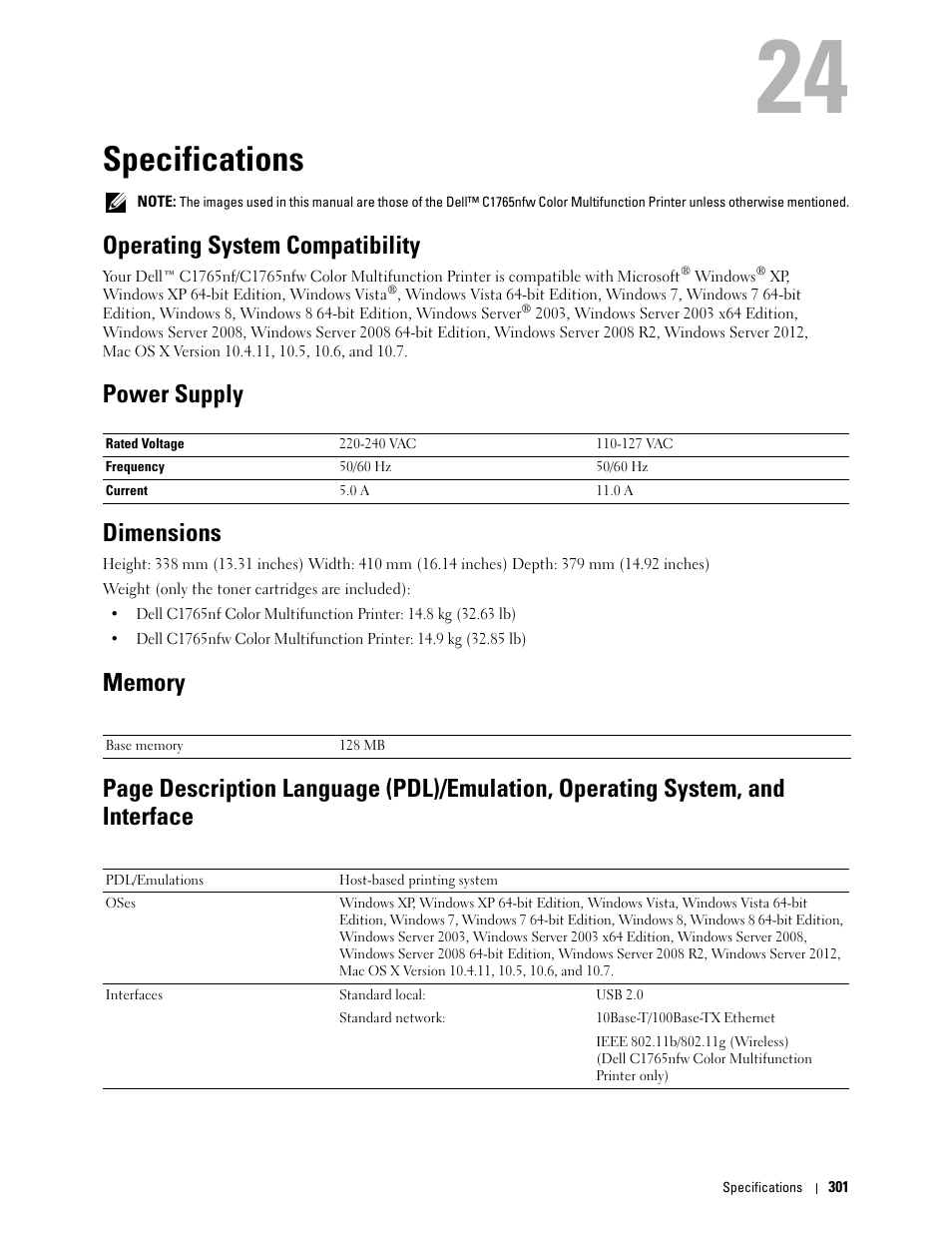 Specifications, Operating system compatibility, Power supply | Dimensions, Memory, 24 specifications, Power supply dimensions | Dell C1765NF MFP Laser Printer User Manual | Page 303 / 376