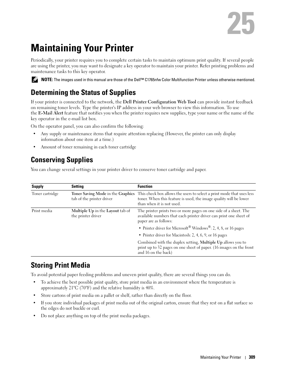 Maintaining your printer, Determining the status of supplies, Conserving supplies | Storing print media | Dell C1765NF MFP Laser Printer User Manual | Page 311 / 376