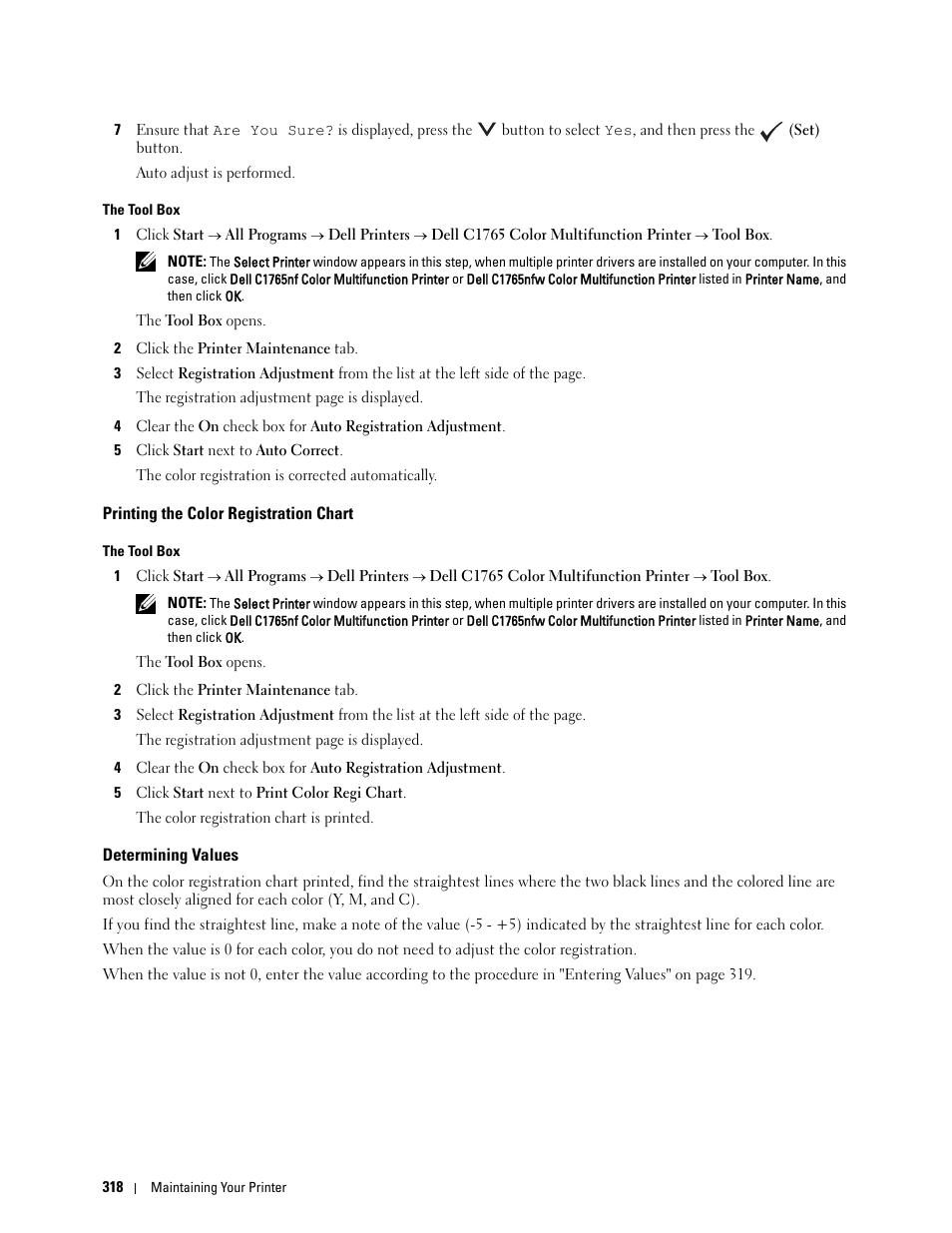 Printing the color registration chart, Determining values | Dell C1765NF MFP Laser Printer User Manual | Page 320 / 376