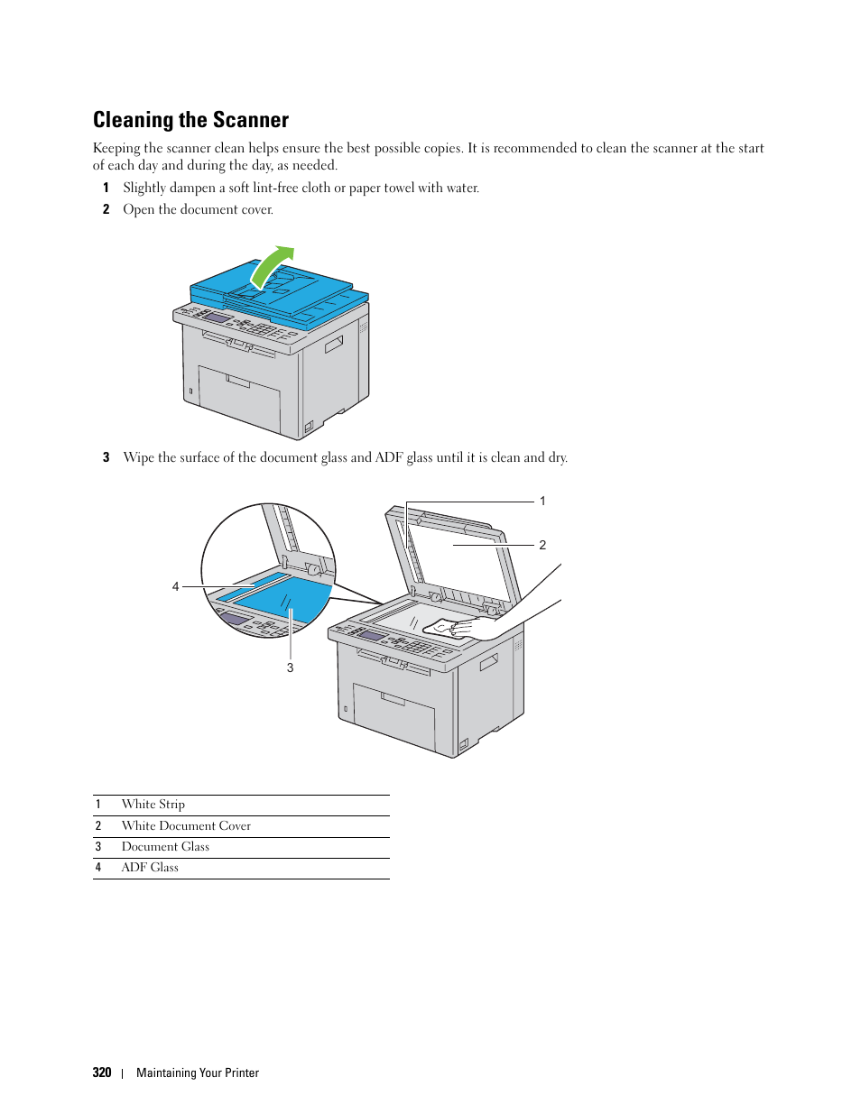 Cleaning the scanner | Dell C1765NF MFP Laser Printer User Manual | Page 322 / 376