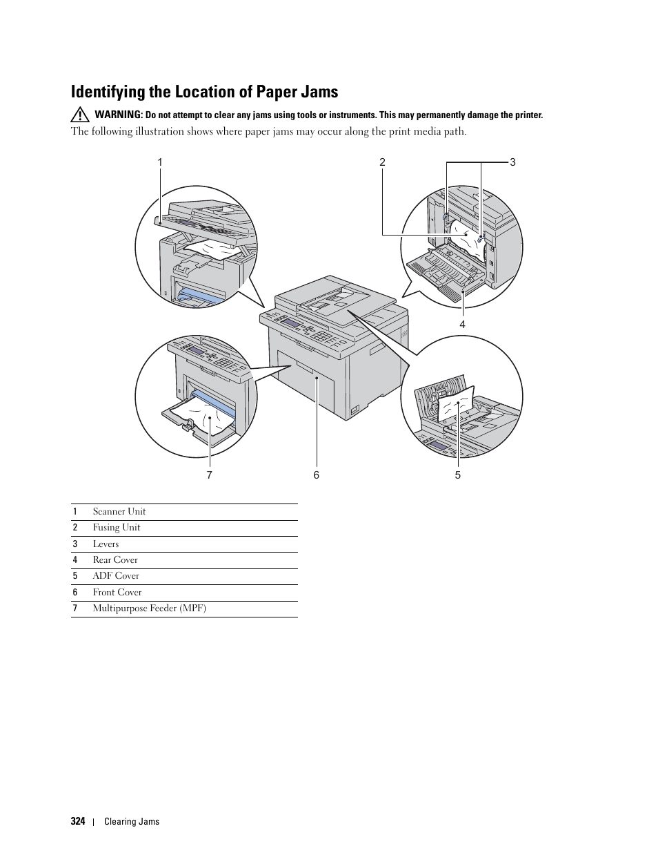 Identifying the location of paper jams | Dell C1765NF MFP Laser Printer User Manual | Page 326 / 376