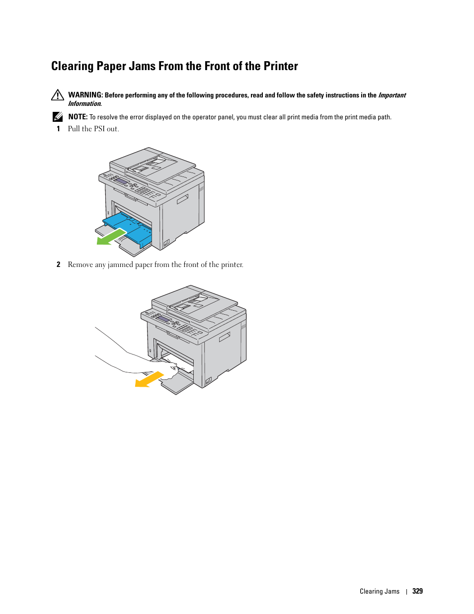 Clearing paper jams from the front of the printer, Clearing | Dell C1765NF MFP Laser Printer User Manual | Page 331 / 376