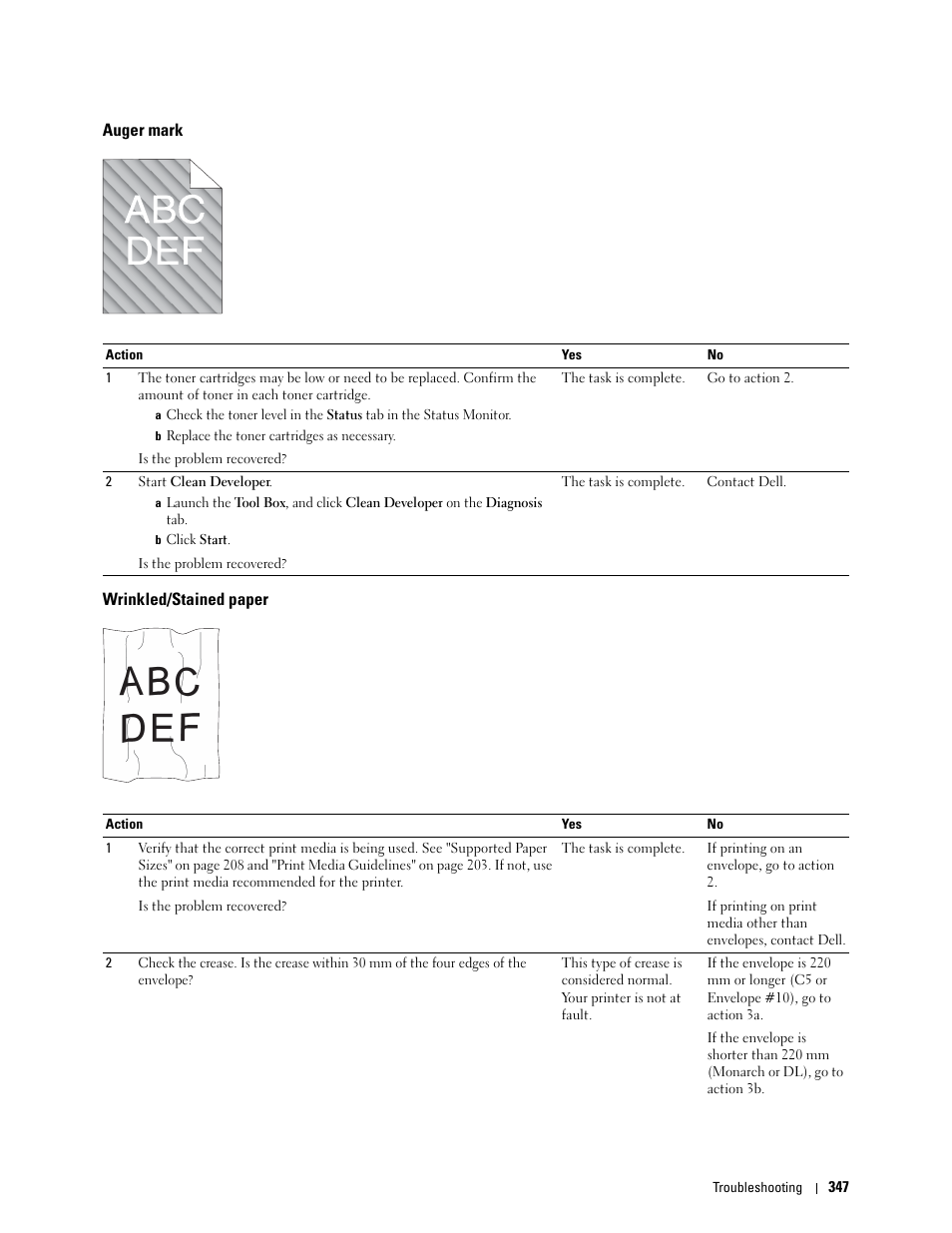Auger mark, Wrinkled/stained paper | Dell C1765NF MFP Laser Printer User Manual | Page 349 / 376
