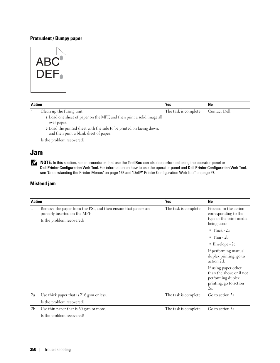 Protrudent / bumpy paper, Misfeed jam | Dell C1765NF MFP Laser Printer User Manual | Page 352 / 376