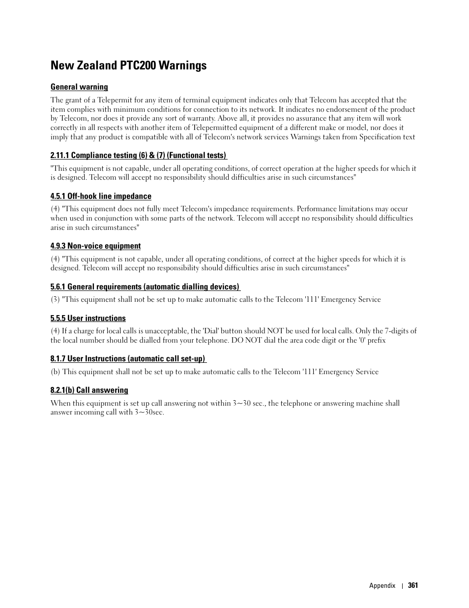 New zealand ptc200 warnings, General warning, 1 compliance testing (6) & (7) (functional tests) | 1 off-hook line impedance, 3 non-voice equipment, 5 user instructions, 7 user instructions (automatic call set-up), 1(b) call answering | Dell C1765NF MFP Laser Printer User Manual | Page 363 / 376