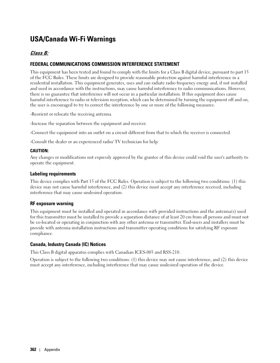 Usa/canada wi-fi warnings, Labeling requirements, Rf exposure warning | Canada, industry canada (ic) notices | Dell C1765NF MFP Laser Printer User Manual | Page 364 / 376