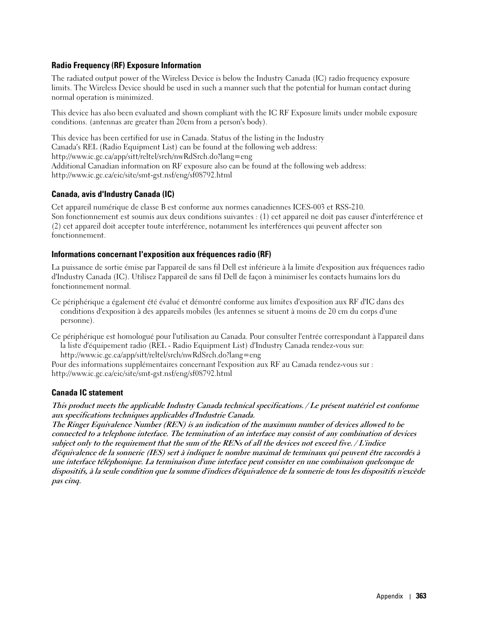 Radio frequency (rf) exposure information, Canada, avis d'industry canada (ic), Canada ic statement | Dell C1765NF MFP Laser Printer User Manual | Page 365 / 376