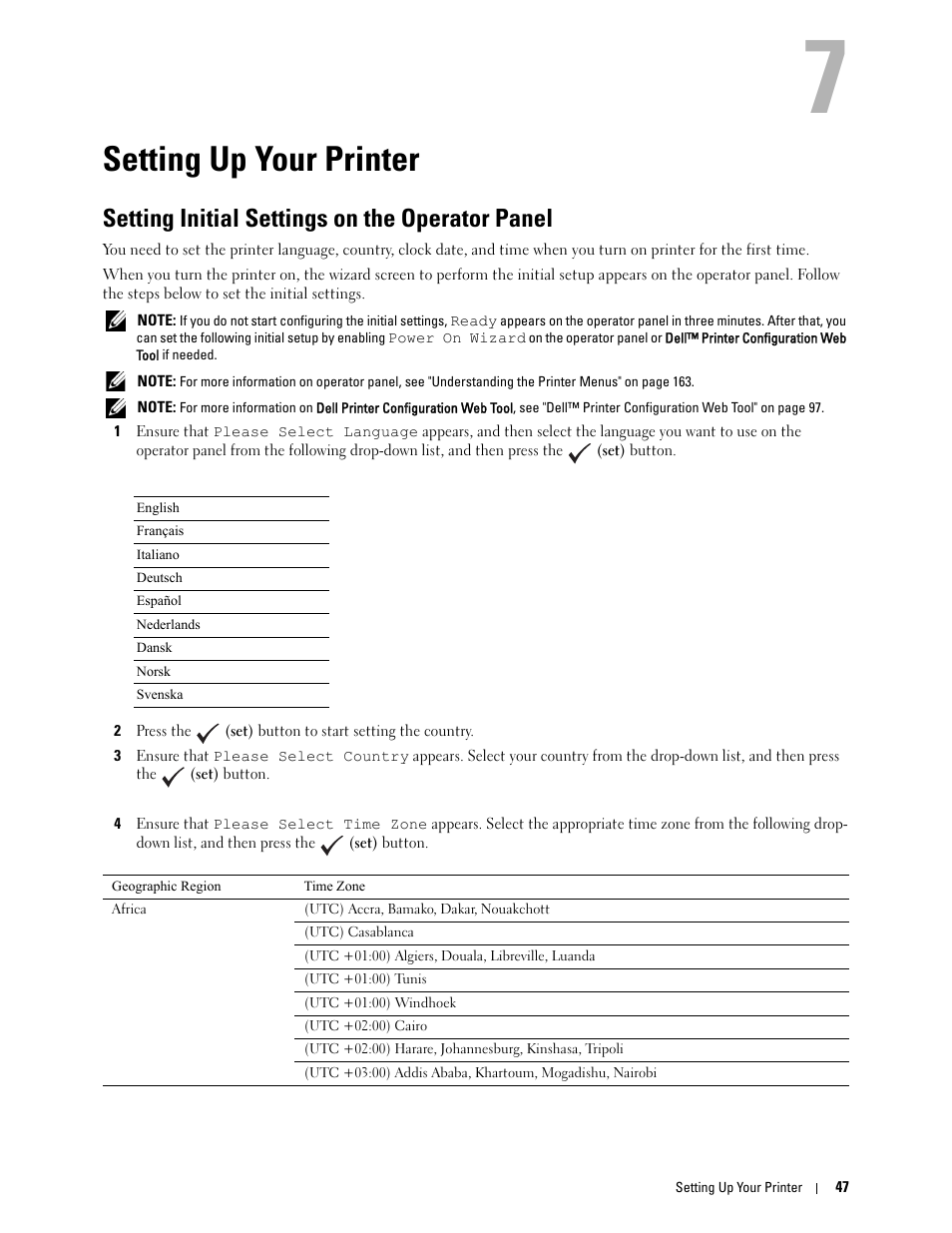 Setting up your printer, Setting initial settings on the operator panel, 7 setting up your printer | Dell C1765NF MFP Laser Printer User Manual | Page 49 / 376