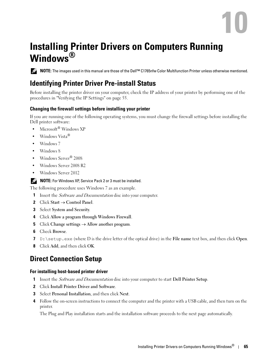 Identifying printer driver pre-install status, Direct connection setup, For installing host-based printer driver | Dell C1765NF MFP Laser Printer User Manual | Page 67 / 376
