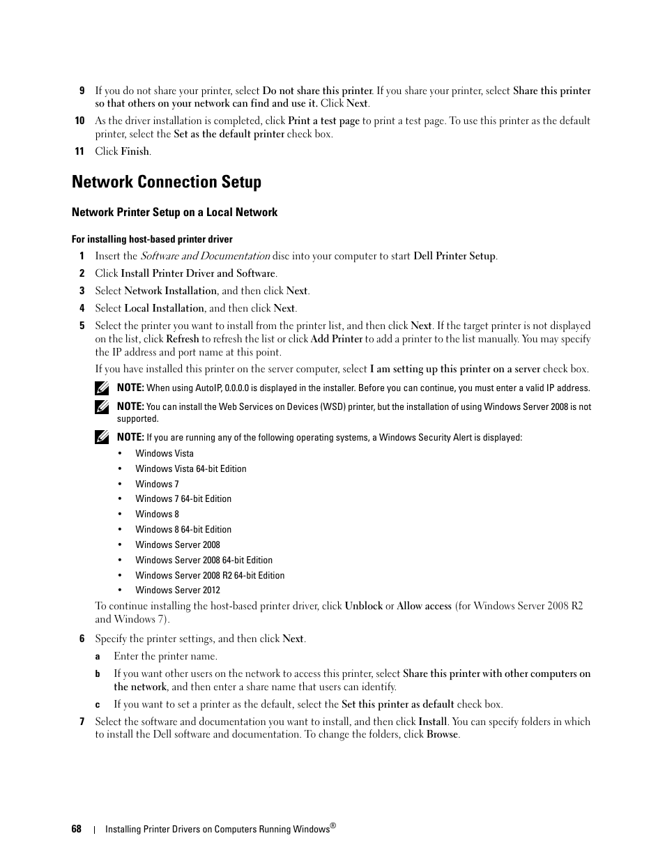 Network connection setup, Network printer setup on a local network | Dell C1765NF MFP Laser Printer User Manual | Page 70 / 376