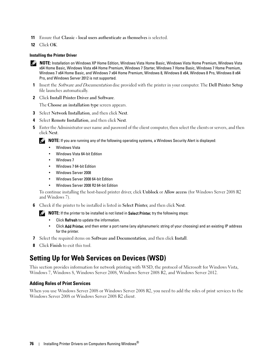 Setting up for web services on devices (wsd), Adding roles of print services | Dell C1765NF MFP Laser Printer User Manual | Page 78 / 376