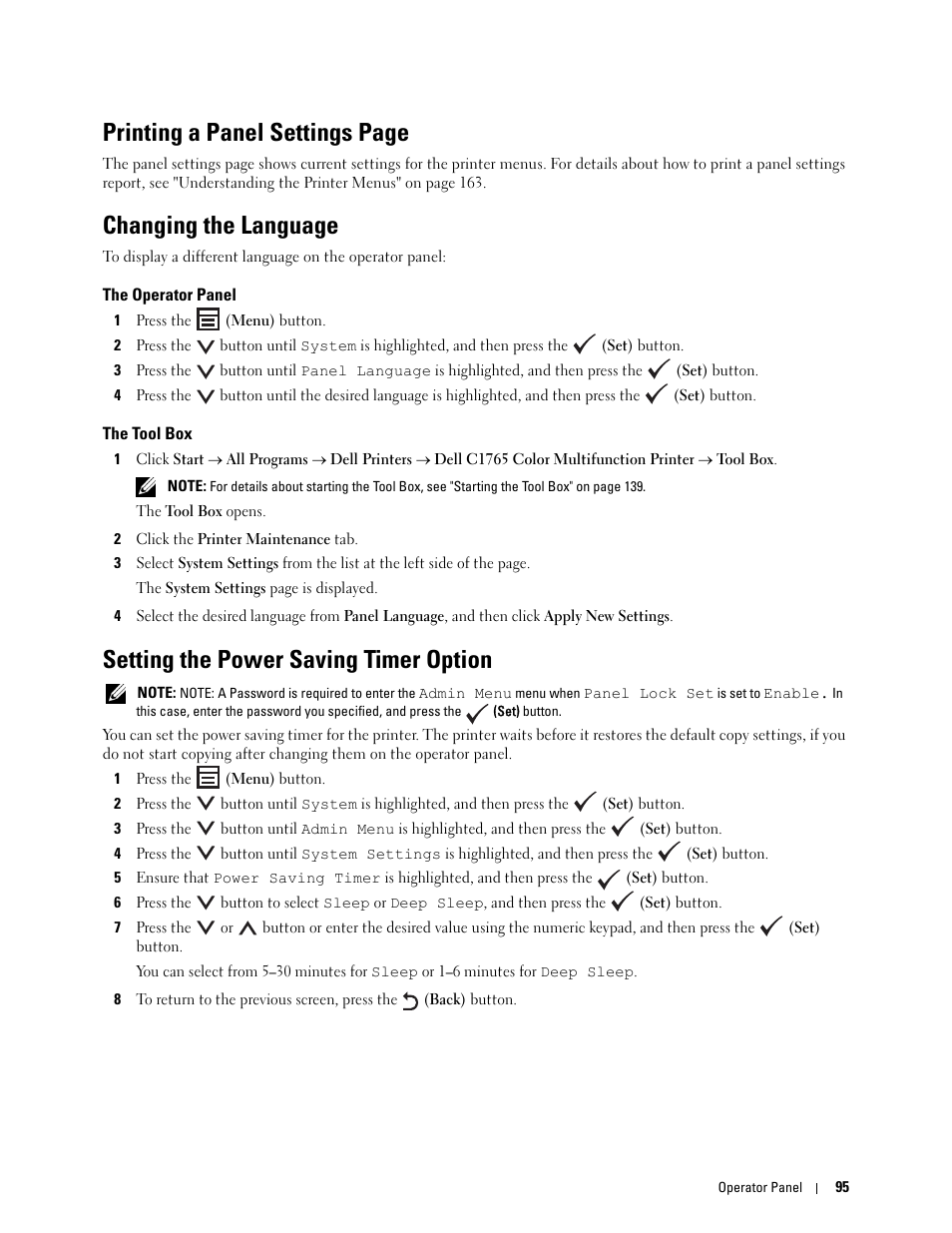 Changing the language, The operator panel, The tool box | Setting the power saving timer option, Printing a panel settings page | Dell C1765NF MFP Laser Printer User Manual | Page 97 / 376