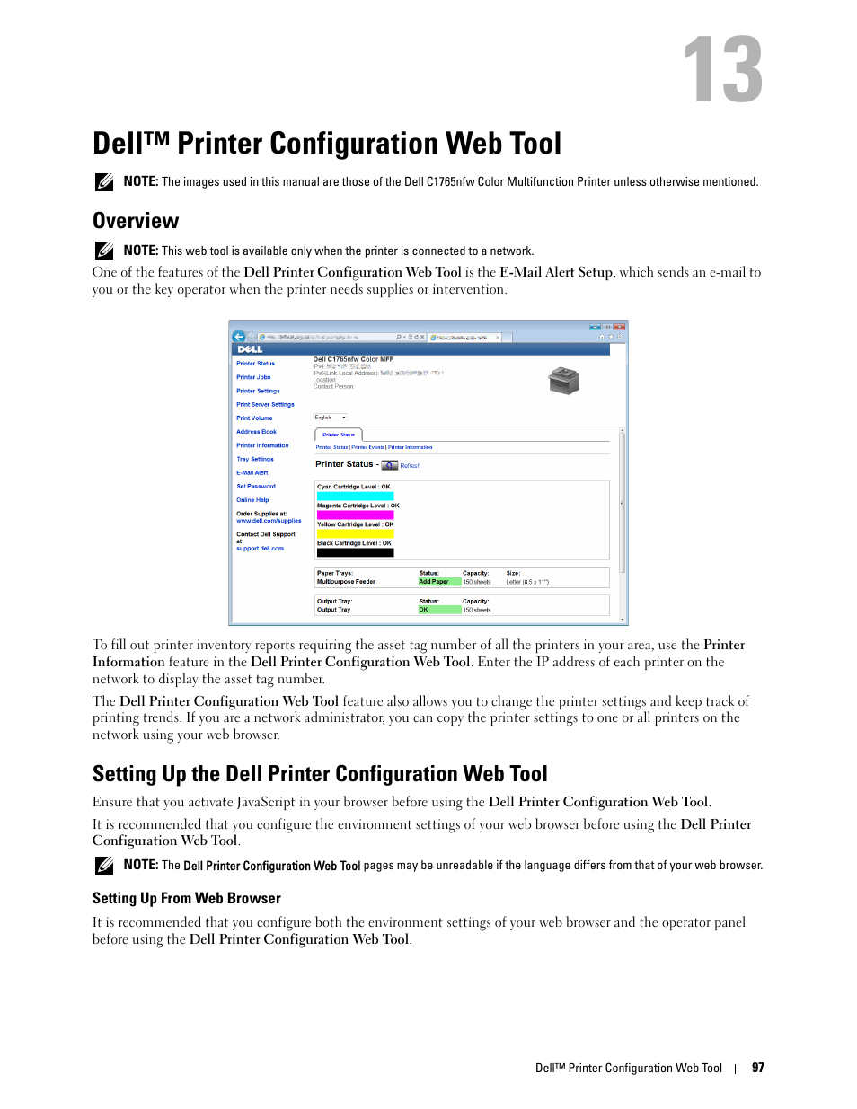 Dell™ printer configuration web tool, Overview, Setting up the dell printer configuration web tool | Setting up from web browser, 13 dell™ printer configuration web tool | Dell C1765NF MFP Laser Printer User Manual | Page 99 / 376