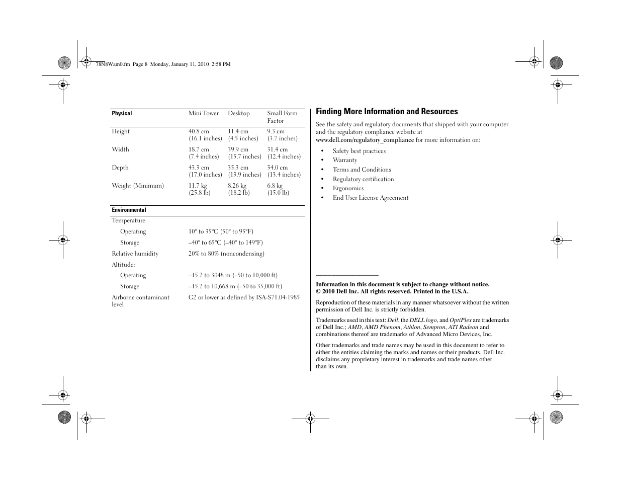 Finding more information and resources | Dell OptiPlex 580 (Early 2010) User Manual | Page 8 / 8