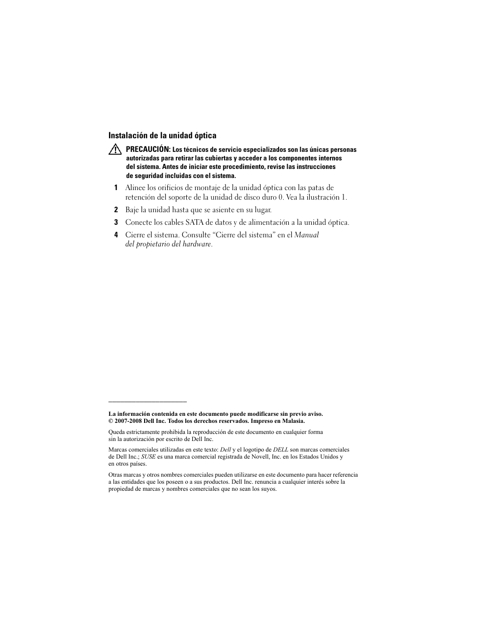 Instalación de la unidad óptica | Dell PowerEdge R200 User Manual | Page 28 / 28