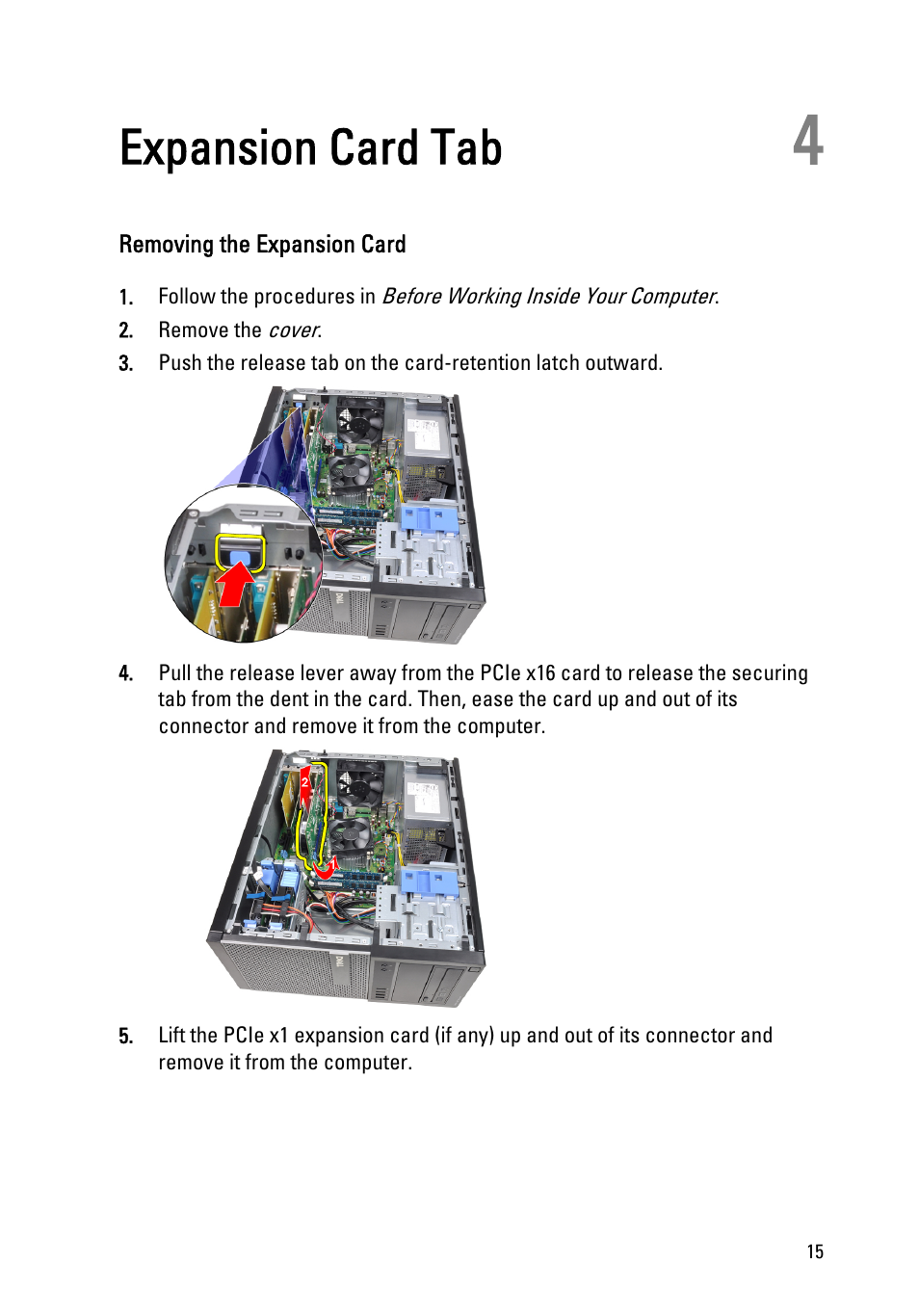 Expansion card tab, Removing the expansion card, 4 expansion card tab | Dell OptiPlex 390 (Mid 2011) User Manual | Page 15 / 92