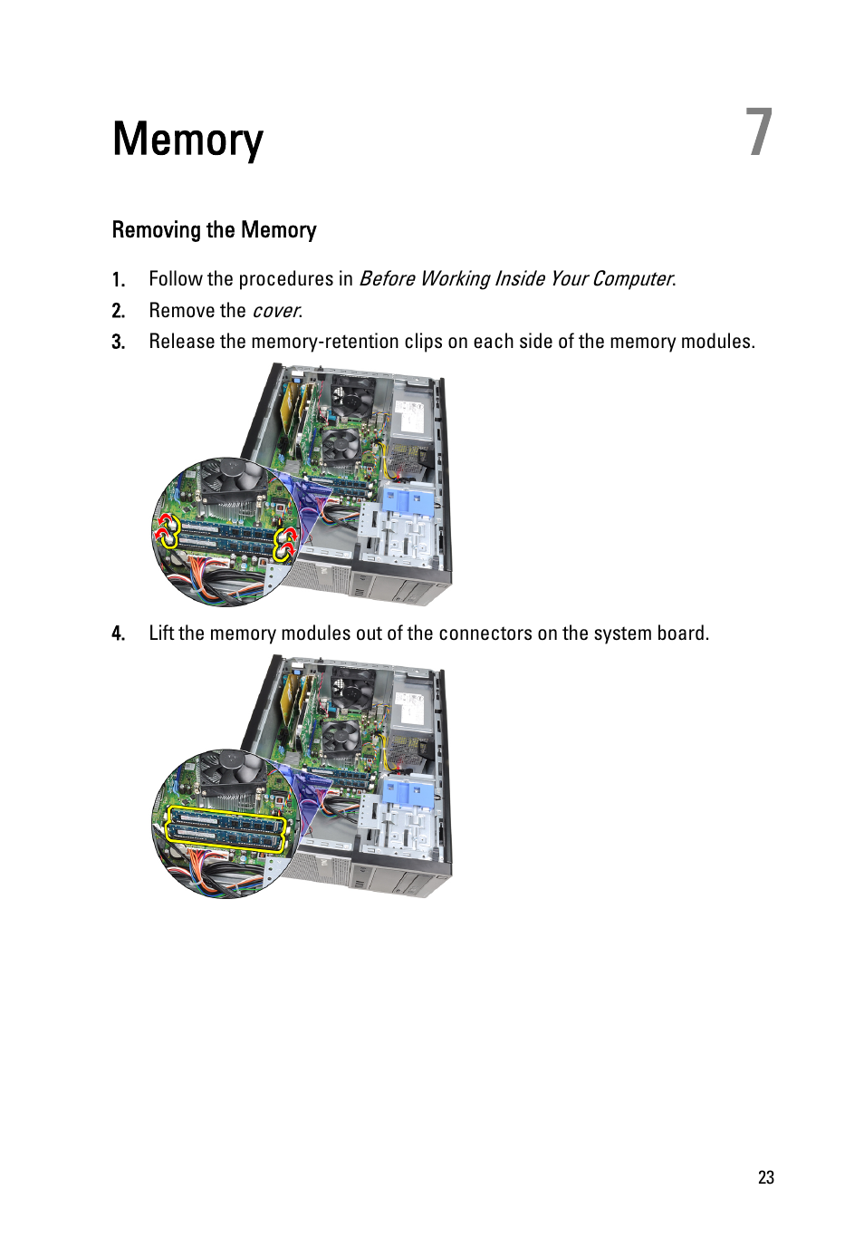 Memory, Removing the memory, 7 memory | Dell OptiPlex 390 (Mid 2011) User Manual | Page 23 / 92
