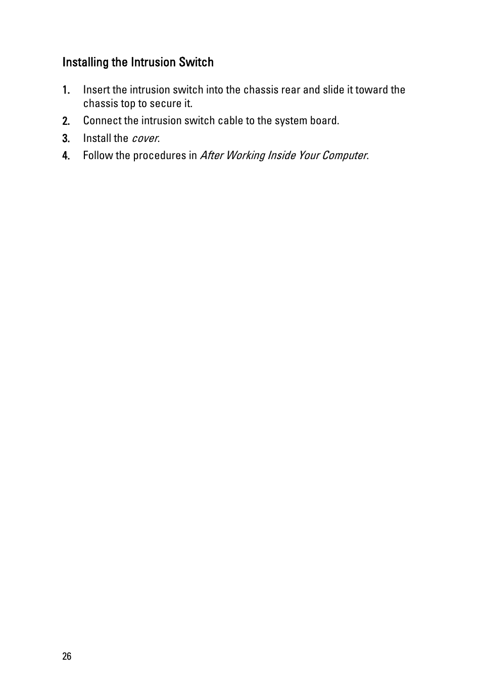 Installing the intrusion switch | Dell OptiPlex 390 (Mid 2011) User Manual | Page 26 / 92