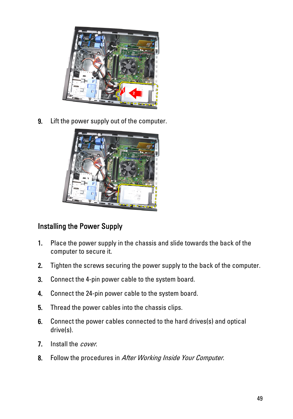Installing the power supply | Dell OptiPlex 390 (Mid 2011) User Manual | Page 49 / 92