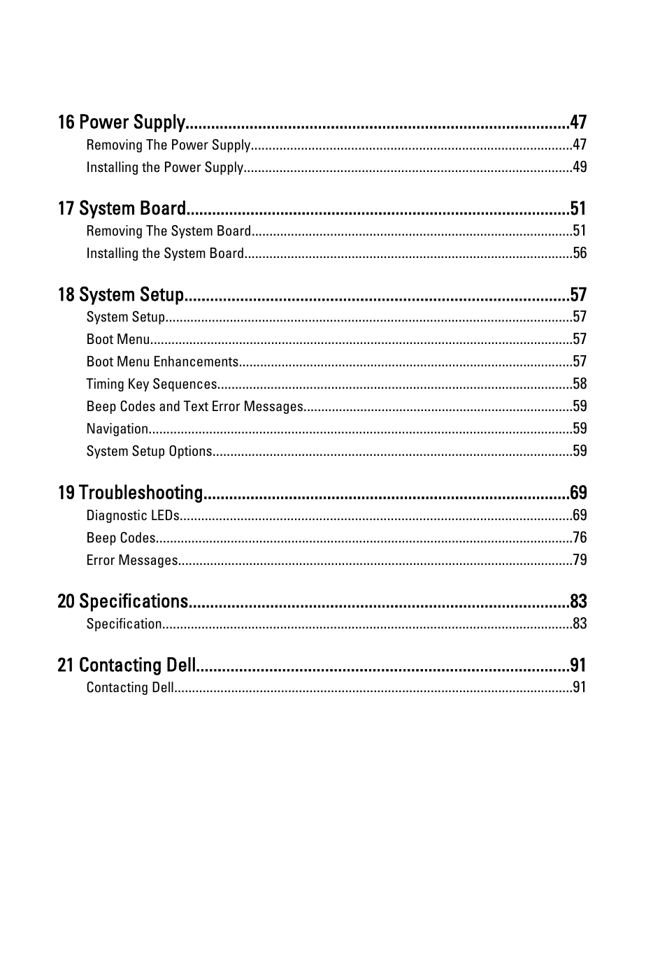 16 power supply, 17 system board, 18 system setup | 19 troubleshooting, 20 specifications, 21 contacting dell | Dell OptiPlex 390 (Mid 2011) User Manual | Page 5 / 92