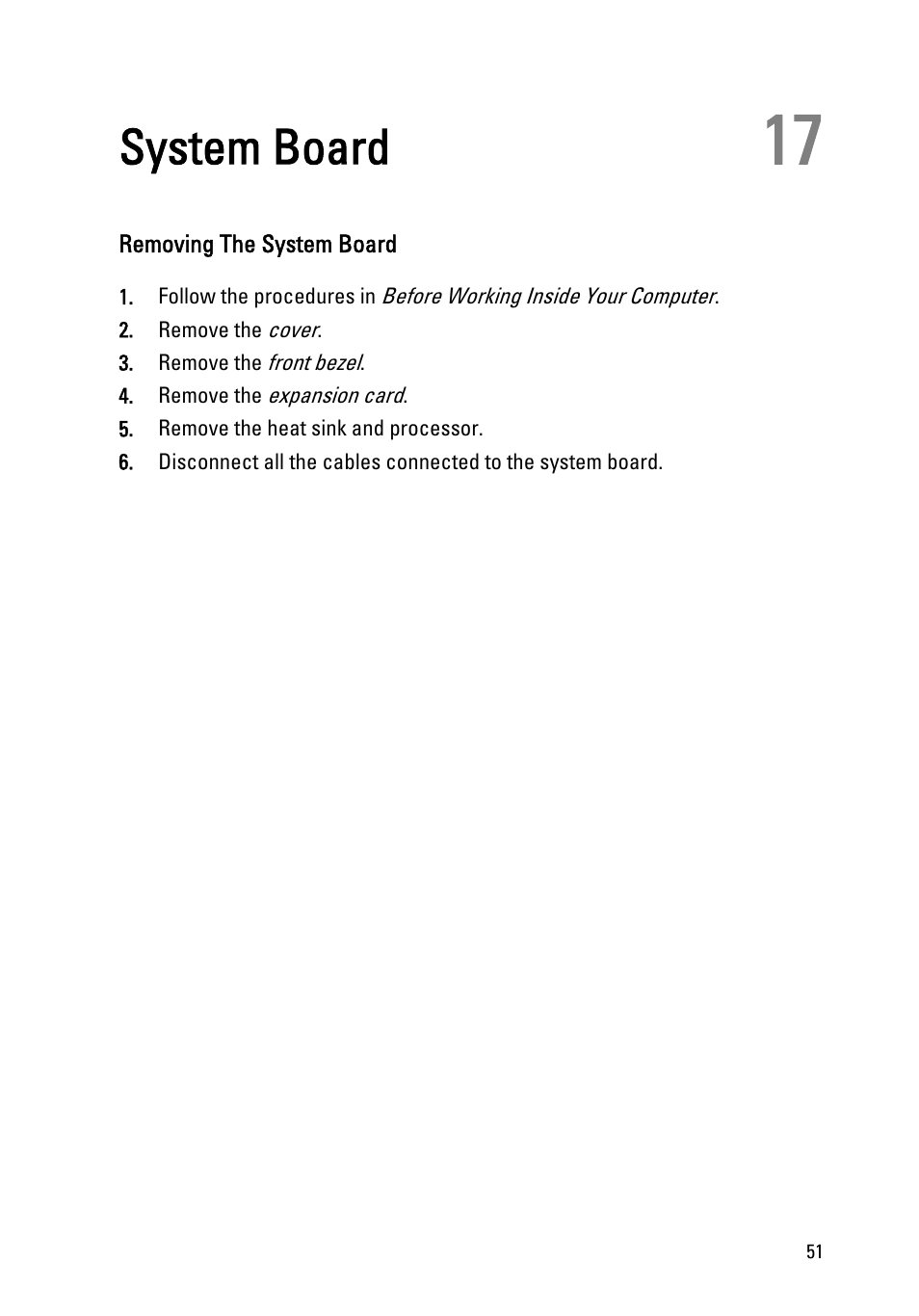 System board, Removing the system board, 17 system board | Dell OptiPlex 390 (Mid 2011) User Manual | Page 51 / 92