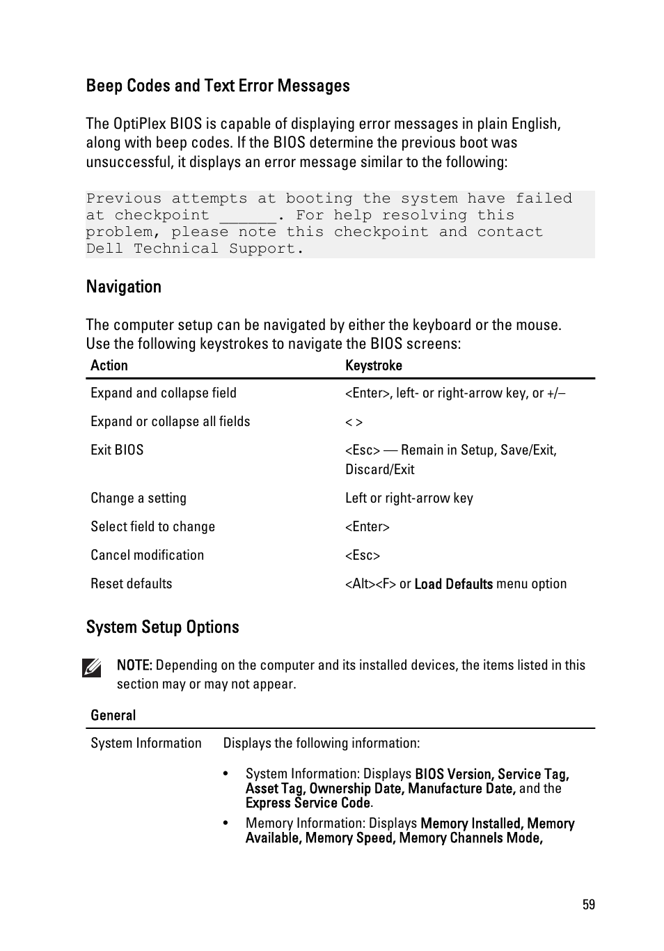 Beep codes and text error messages, Navigation, System setup options | Dell OptiPlex 390 (Mid 2011) User Manual | Page 59 / 92