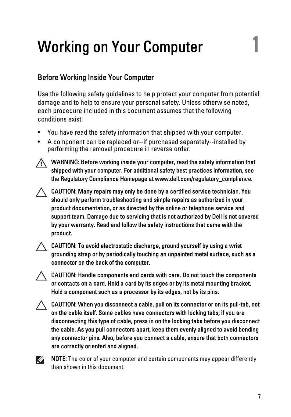 Working on your computer, Before working inside your computer, 1 working on your computer | Dell OptiPlex 390 (Mid 2011) User Manual | Page 7 / 92