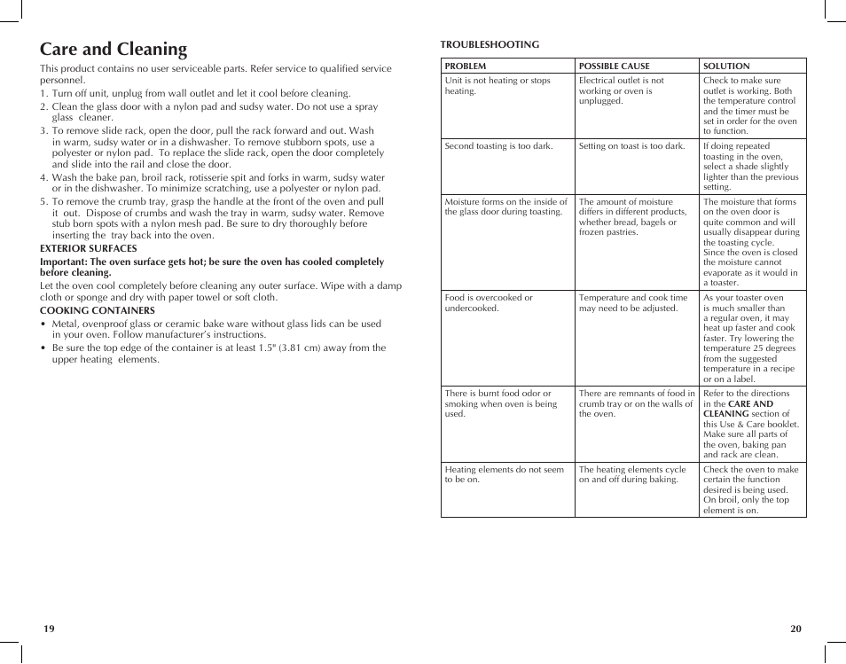 Care and cleaning | Black & Decker CTO7100B User Manual | Page 11 / 37