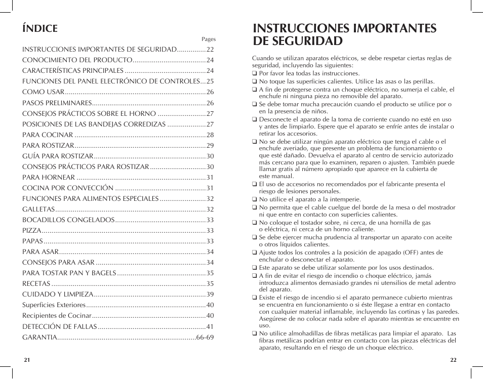 Instrucciones importantes de seguridad, Índice | Black & Decker CTO7100B User Manual | Page 12 / 37