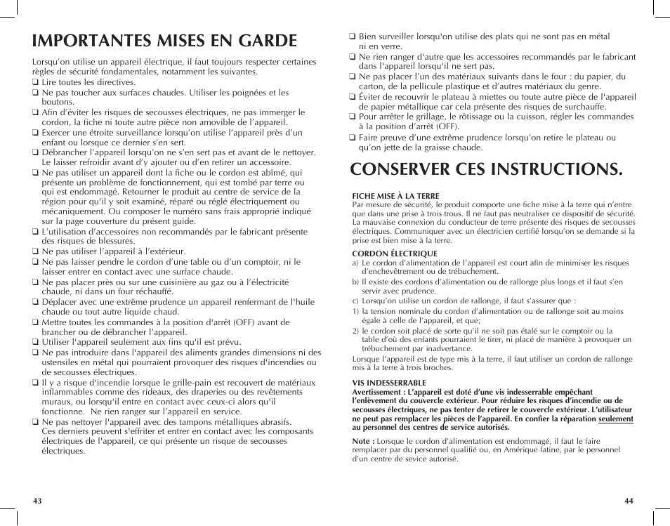 Importantes mises en garde, Conserver ces instructions | Black & Decker CTO7100B User Manual | Page 23 / 37