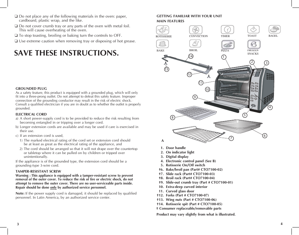 Save these instructions | Black & Decker CTO7100B User Manual | Page 3 / 37