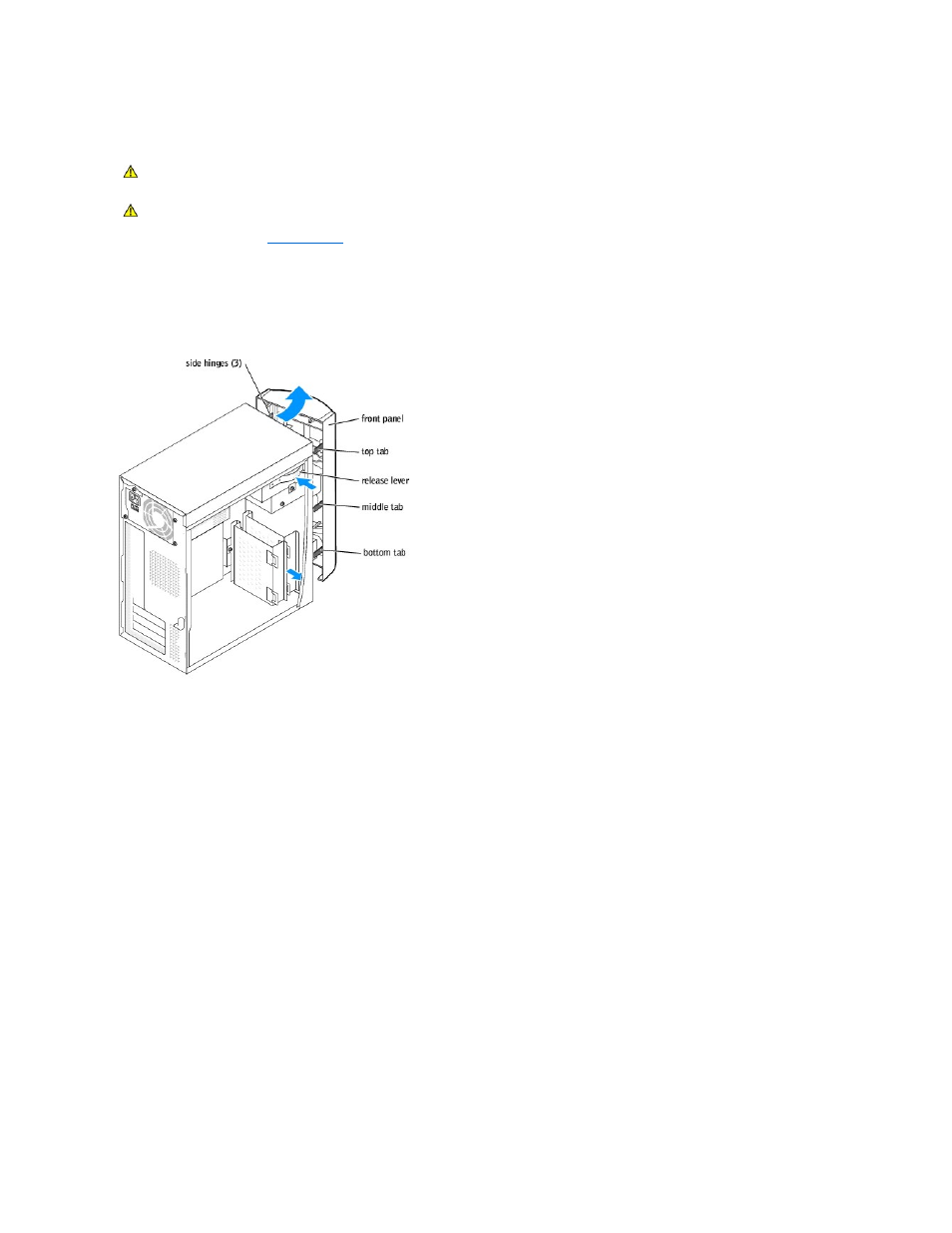 Removing the front panel, Replacing the front panel | Dell Dimension 4600 User Manual | Page 15 / 44