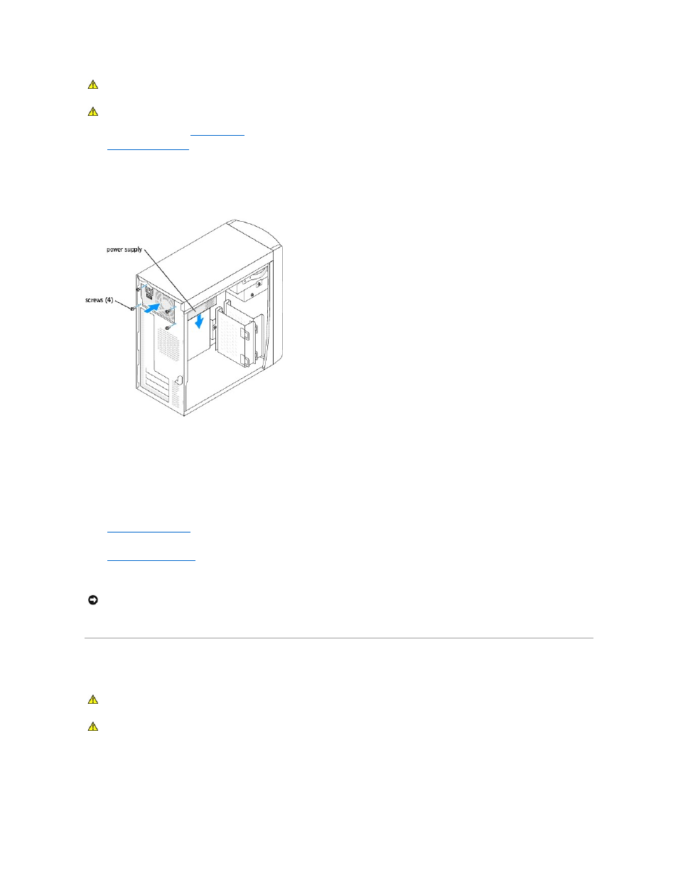 Battery, Replacing the power supply, Battery overview | Dell Dimension 4600 User Manual | Page 29 / 44