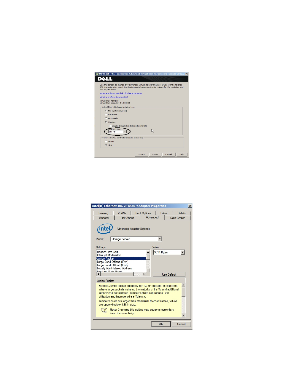 Set the virtual disk segment size to 256kb, Intel x540 10gbe nic tuning, Figure 7 | Modifying the virtual disk segment size, Figure 8, Enabling jumbo packets on network adapter ports | Dell POWEREDGE R720 User Manual | Page 12 / 16