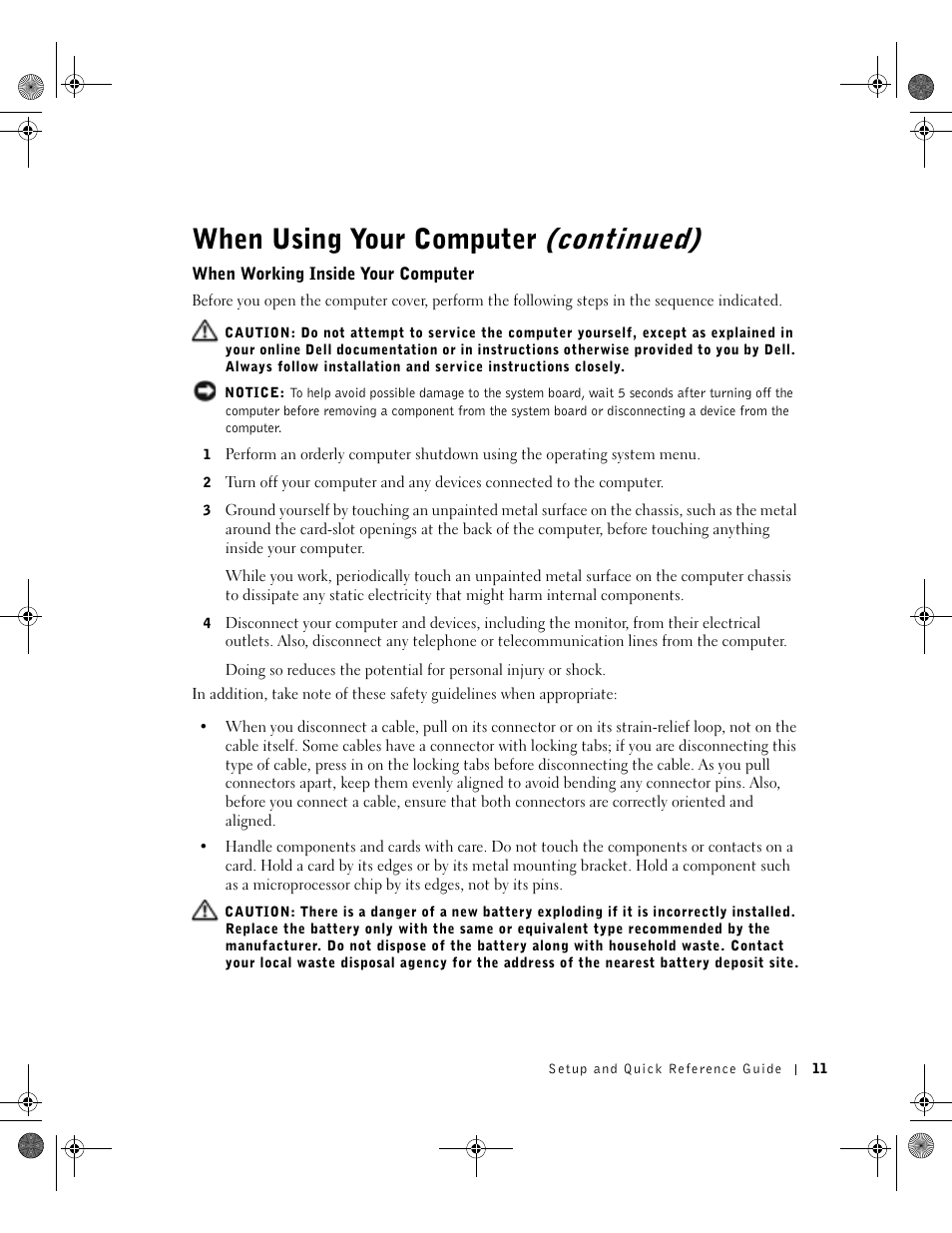 When working inside your computer, When using your computer (continued) | Dell OptiPlex GX270 User Manual | Page 11 / 38