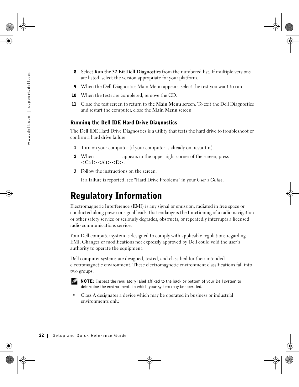 Running the dell ide hard drive diagnostics, Regulatory information | Dell OptiPlex GX270 User Manual | Page 22 / 38