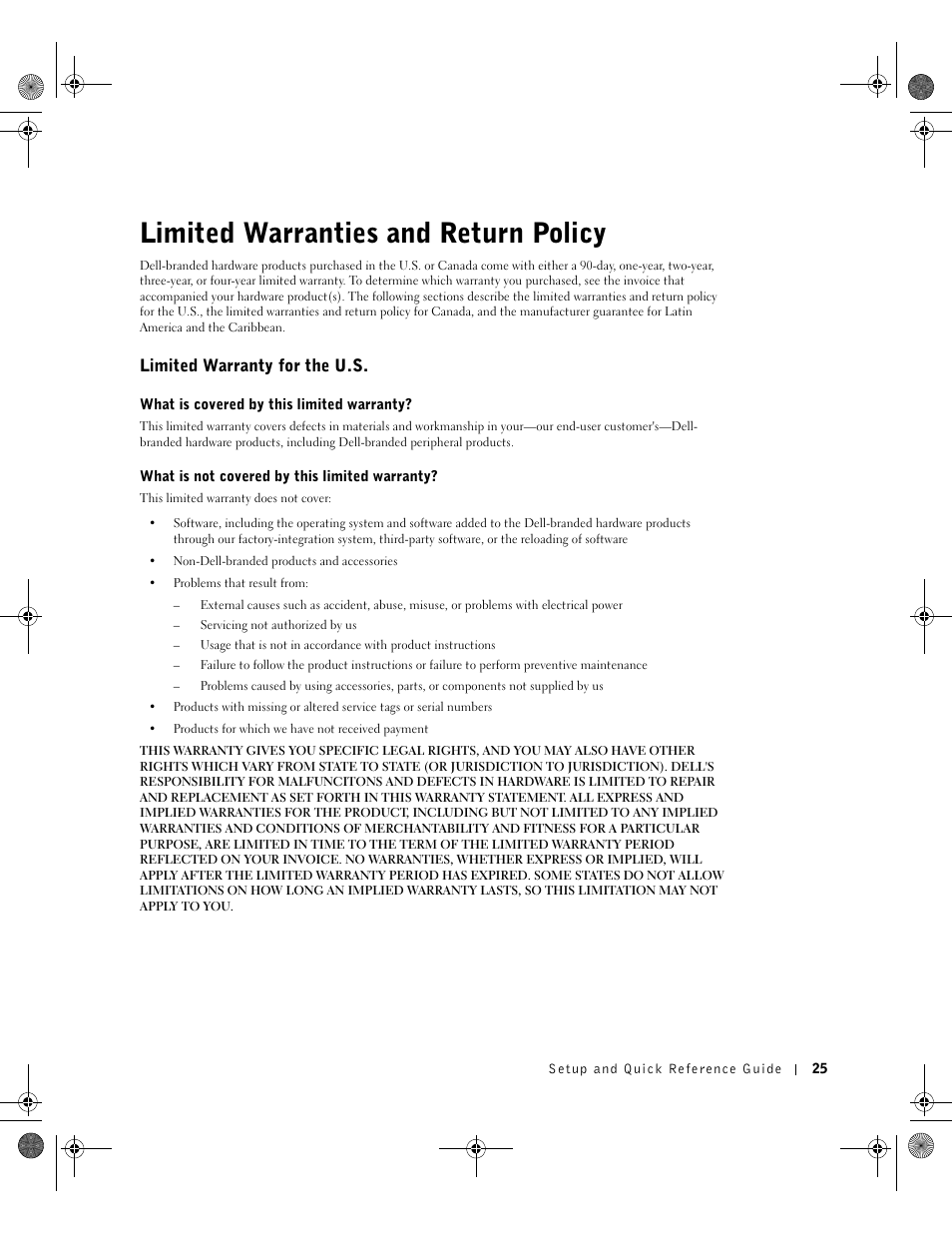 Limited warranty for the u.s, Limited warranties and return policy | Dell OptiPlex GX270 User Manual | Page 25 / 38