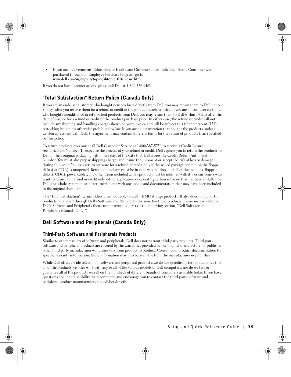 Total satisfaction" return policy (canada only), Dell software and peripherals (canada only) | Dell OptiPlex GX270 User Manual | Page 33 / 38